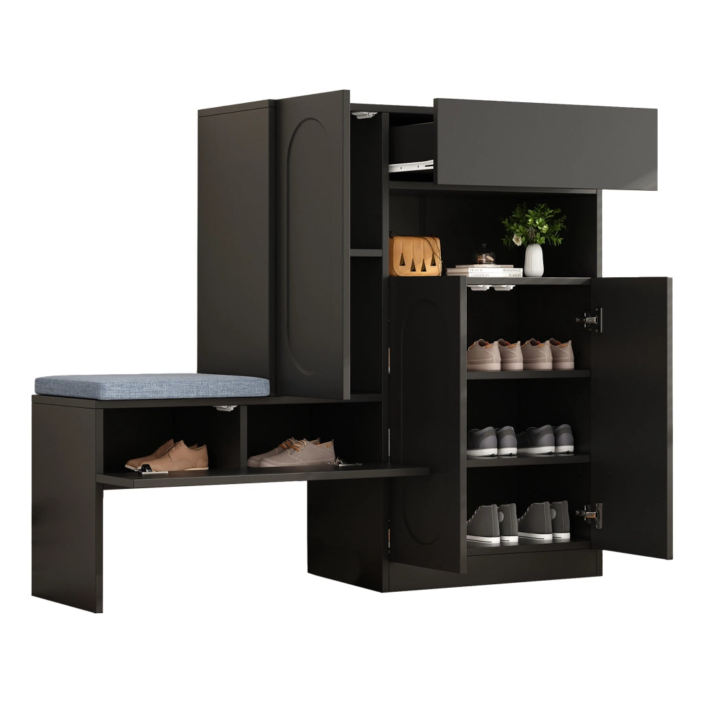Scarpiera con Panca Imbottita e Ante a Ribalta Soft-Close ¨C MINIMAL ¨C Nero, ripiani regolabili, 130x35x110