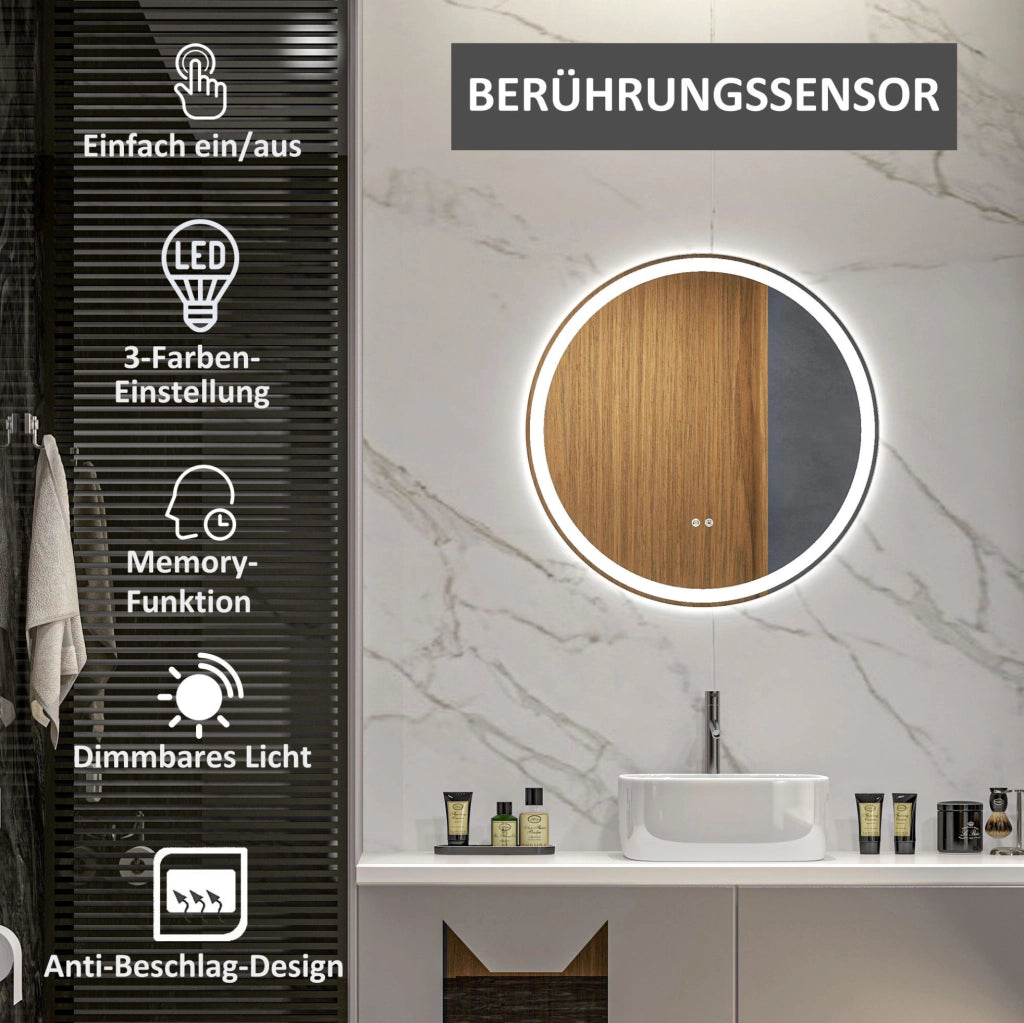 Specchio da bagno LED Ø 60 cm con touch, funzione memoria e antiappannamento, cornice in alluminio