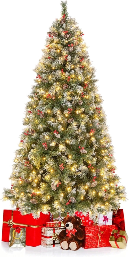 Albero di Natale Pre-Illuminato 150/195 cm, Albero di Natale con 200/420 Luci LED Bianche Calde, 8 Modalità di Illuminazione, 450/909 Punte di Ramo, Bacche Rosse e Pigne (150 cm)