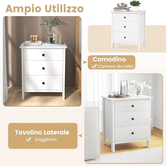 Comodino con 3 Cassetti 56 x 45 x 66 cm, Cassettiera da Letto, Tavolino Spazioso con Struttura Resistente, per Camera da Letto, Soggiorno e Ufficio (Bianco)
