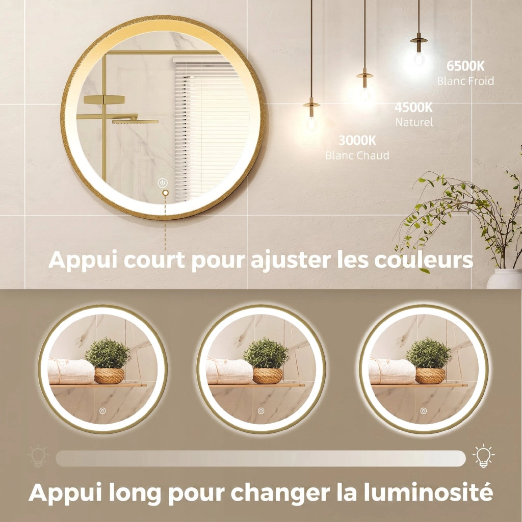 Specchio Bagno LED Rotondo 40 cm ¨C zephmum ¨C Dorato, Regolabile, 3 Luci
