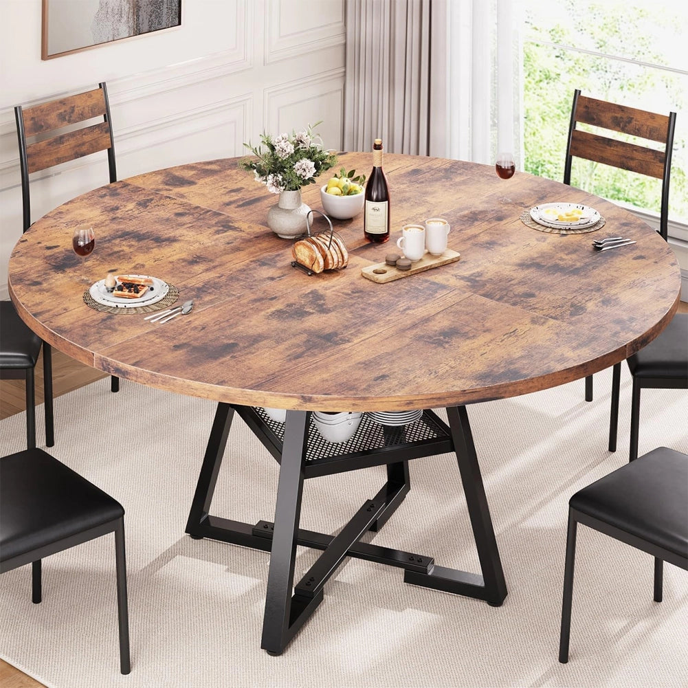 Tavolo da Pranzo Tondo Industrial 120x120 cm con Ripiano Portaoggetti Metallo Nero
