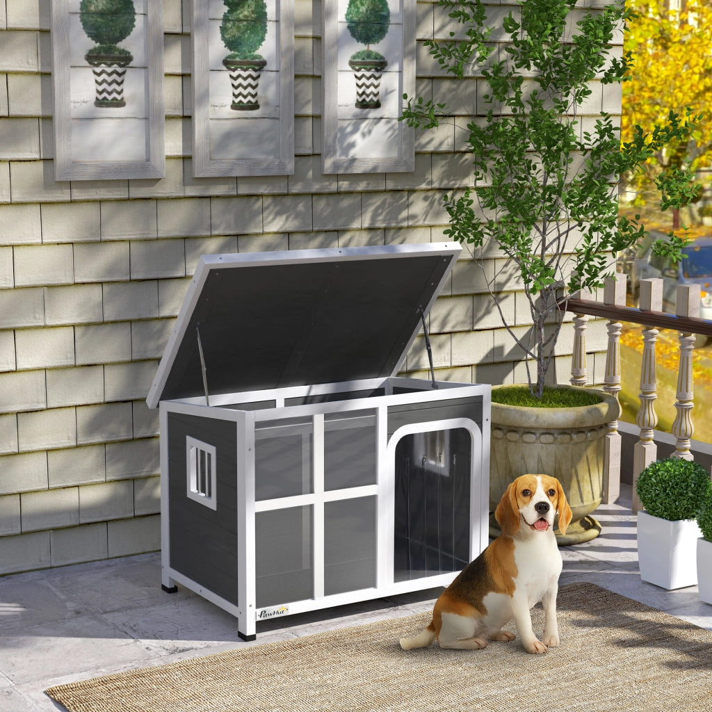 Casetta per Cani con Finestrelle e Ingresso a Tenda, in Legno di Abete, 90x62x71 cm, Grigio Chiaro