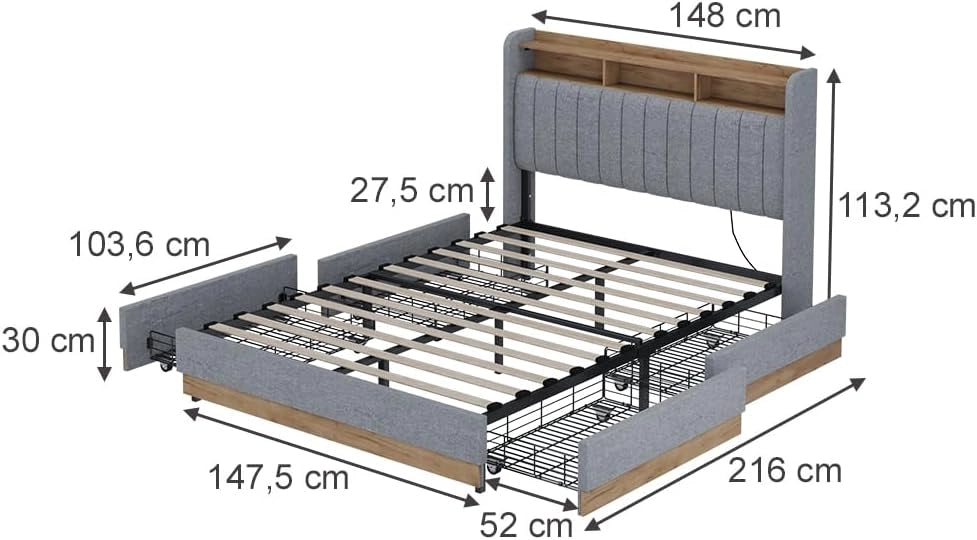 Letto imbottito Nura, Grigio, 140x200 cm con 4 cassetticon porta di ricarica USB, illuminazione a LED e telecomando