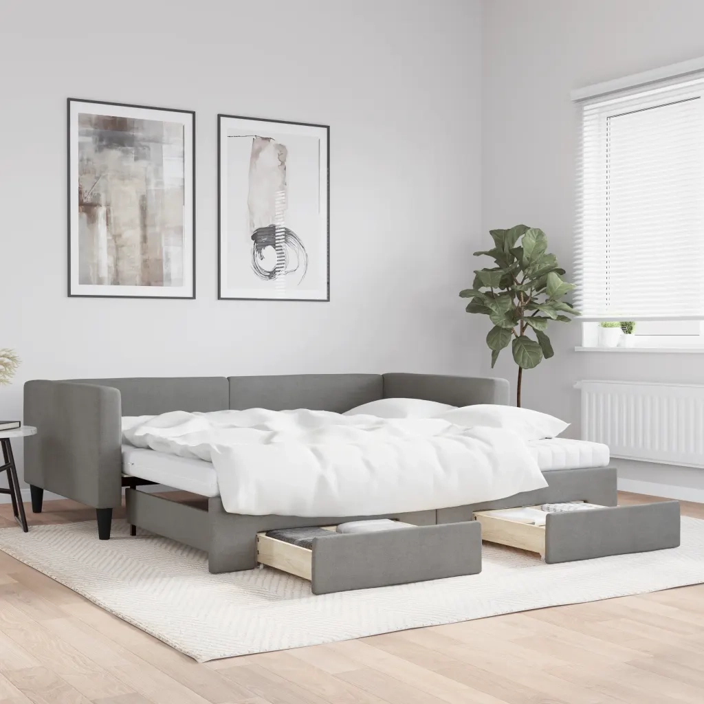 Divano Letto Estraibile Cassetti Grigio Scuro 100x200cm Tessuto