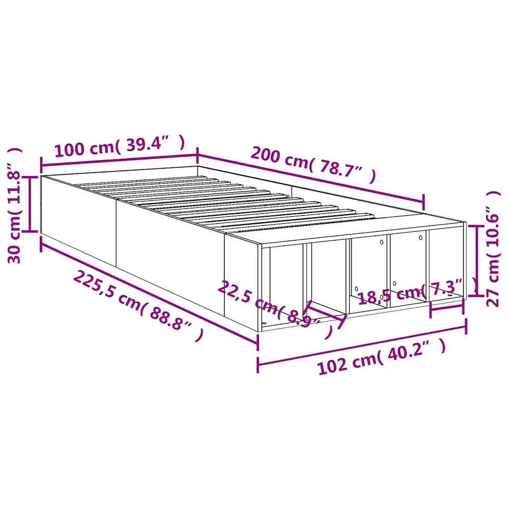 Letto singolo | Letto per adulti | Giroletto Nero 100x200 cm in Legno Multistrato