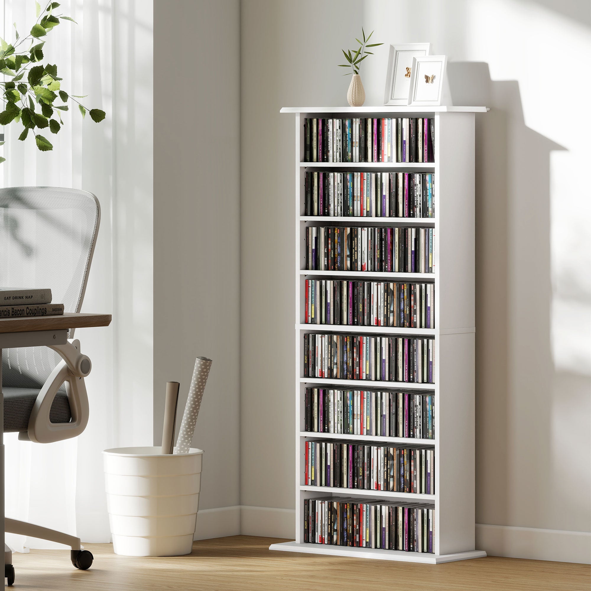 Scaffale Porta CD 58x24x124,5 cm con 6 Ripiani Regolabili Capacità di 360 CD/185 DVD Bianco