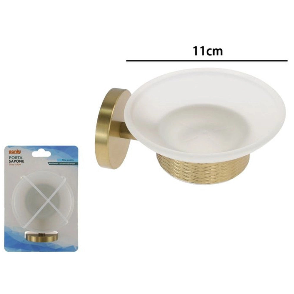 Trade Shop - Porta Sapone In Acciaio Oro Con Piattino Vetro Satinato Accessorio Da Bagno 87927 -