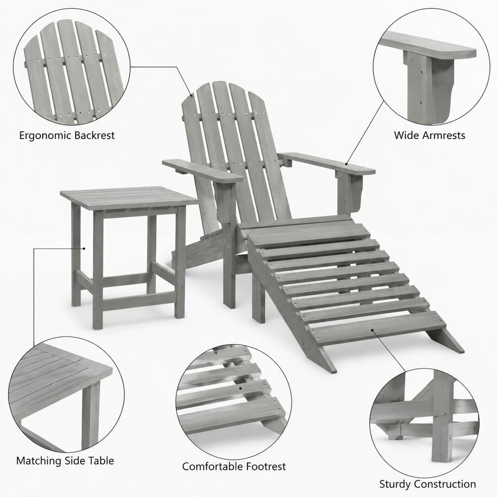Adirondack Garden Chair With Footrest & Table, Fir Wood, Grey