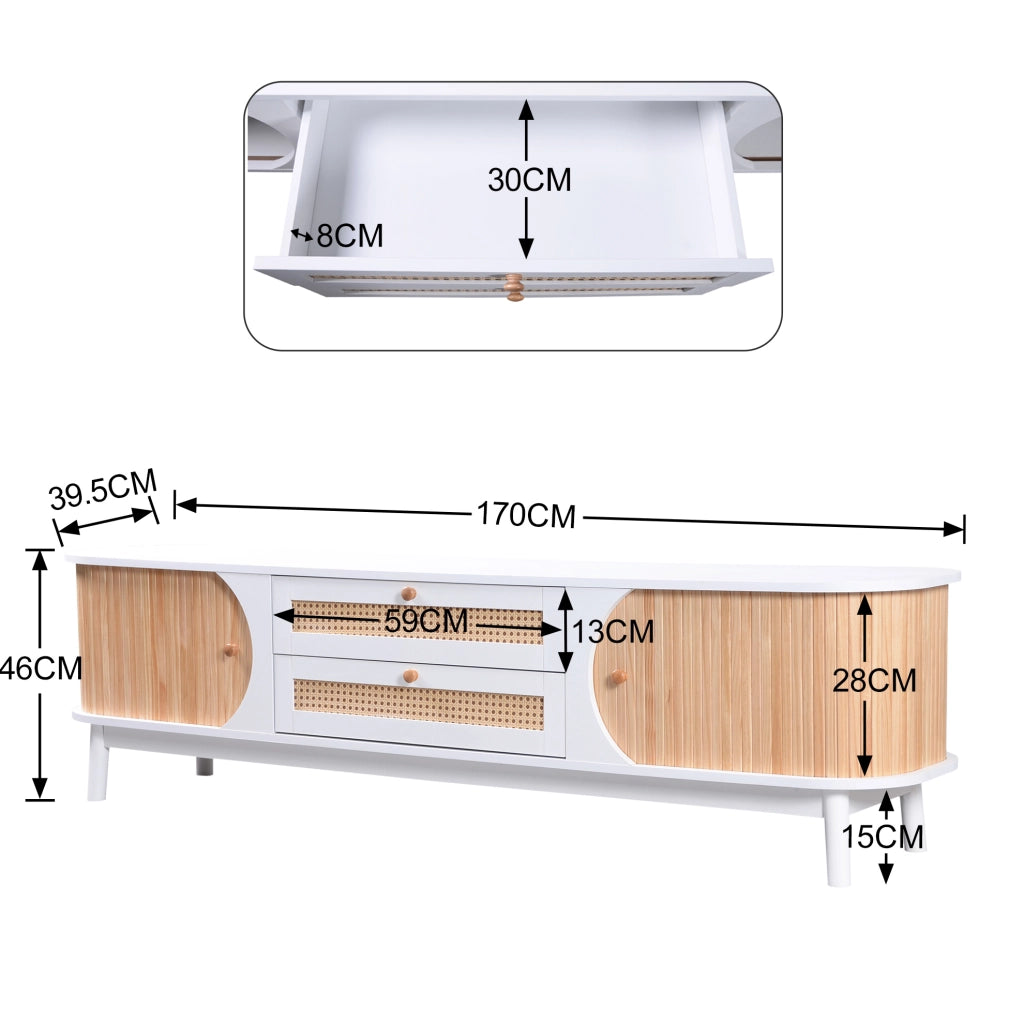 Mobile TV moderno 170 cm bianco effetto legno con ante e cassetti in rattan