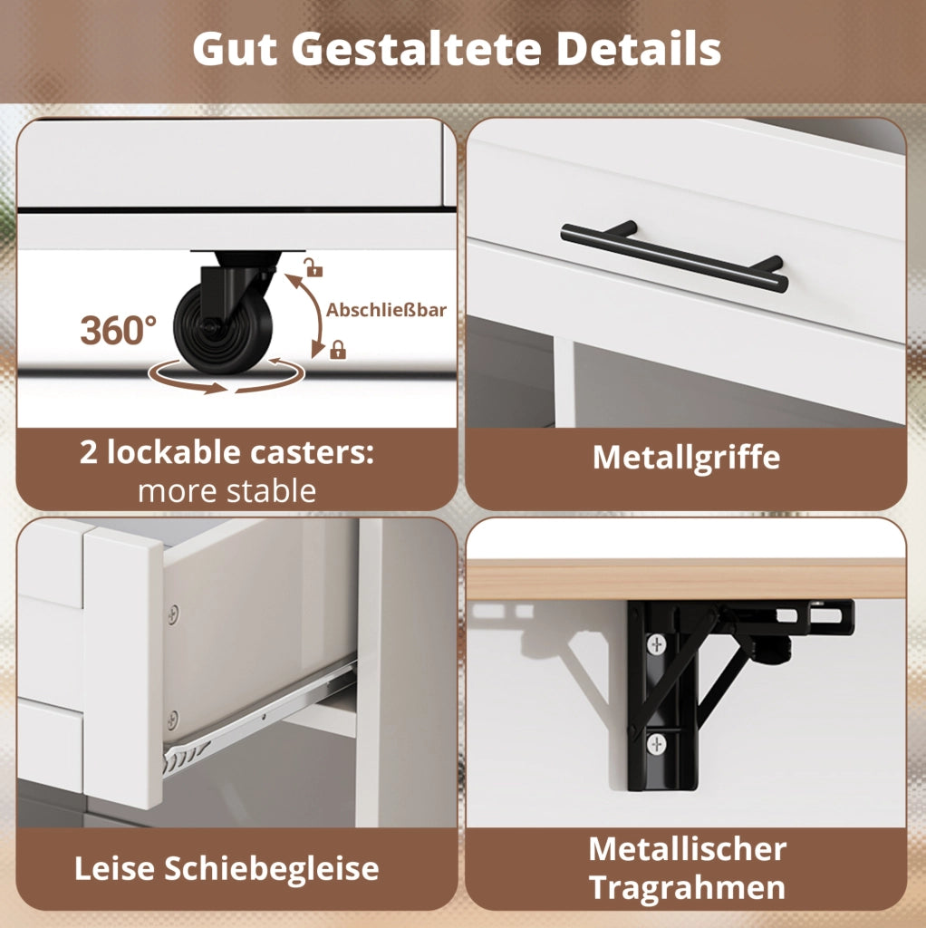 Carrello cucina con piano estraibile 138x45/70x92 cm; bianco e naturale in MDF
