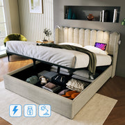 Letto contenitore 140x200 cm in lino naturale con testiera; luce da lettura e ricarica USB