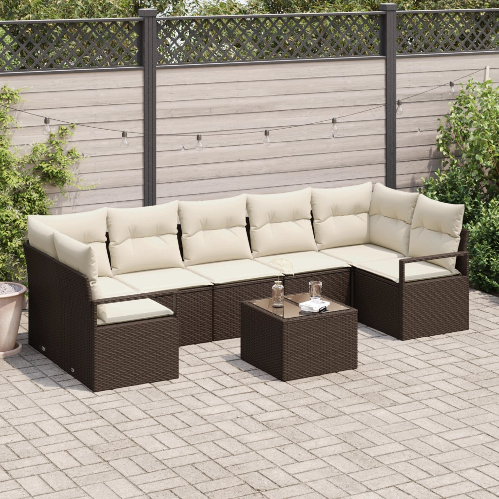 Set Divano da Giardino a 8 Pezzi con Cuscini Marrone Polyrattan