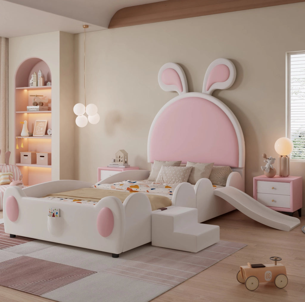 Letto imbottito 90x200 cm con scivolo; scala e orecchie da coniglio in PU rosa e bianco