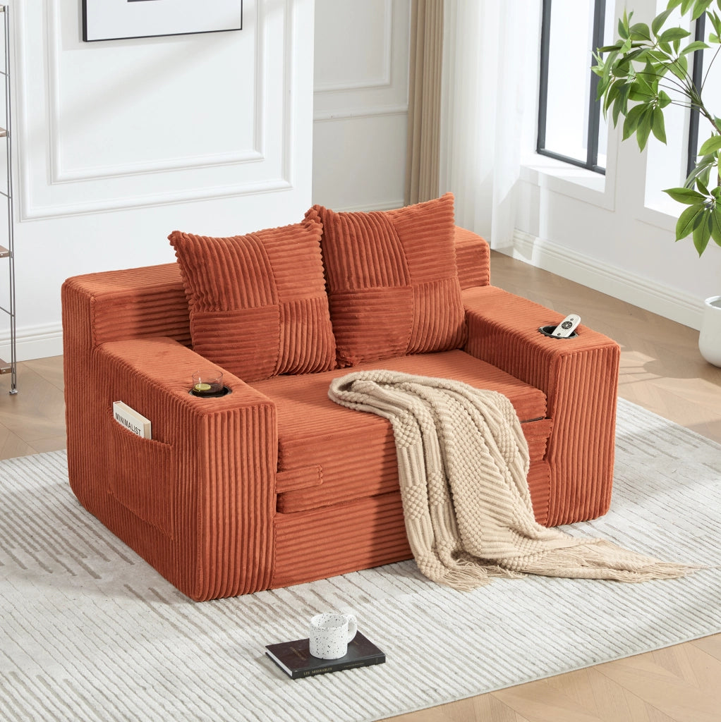 Pouf divano in corduroy arancione con tasche laterali; 151x133x64 cm