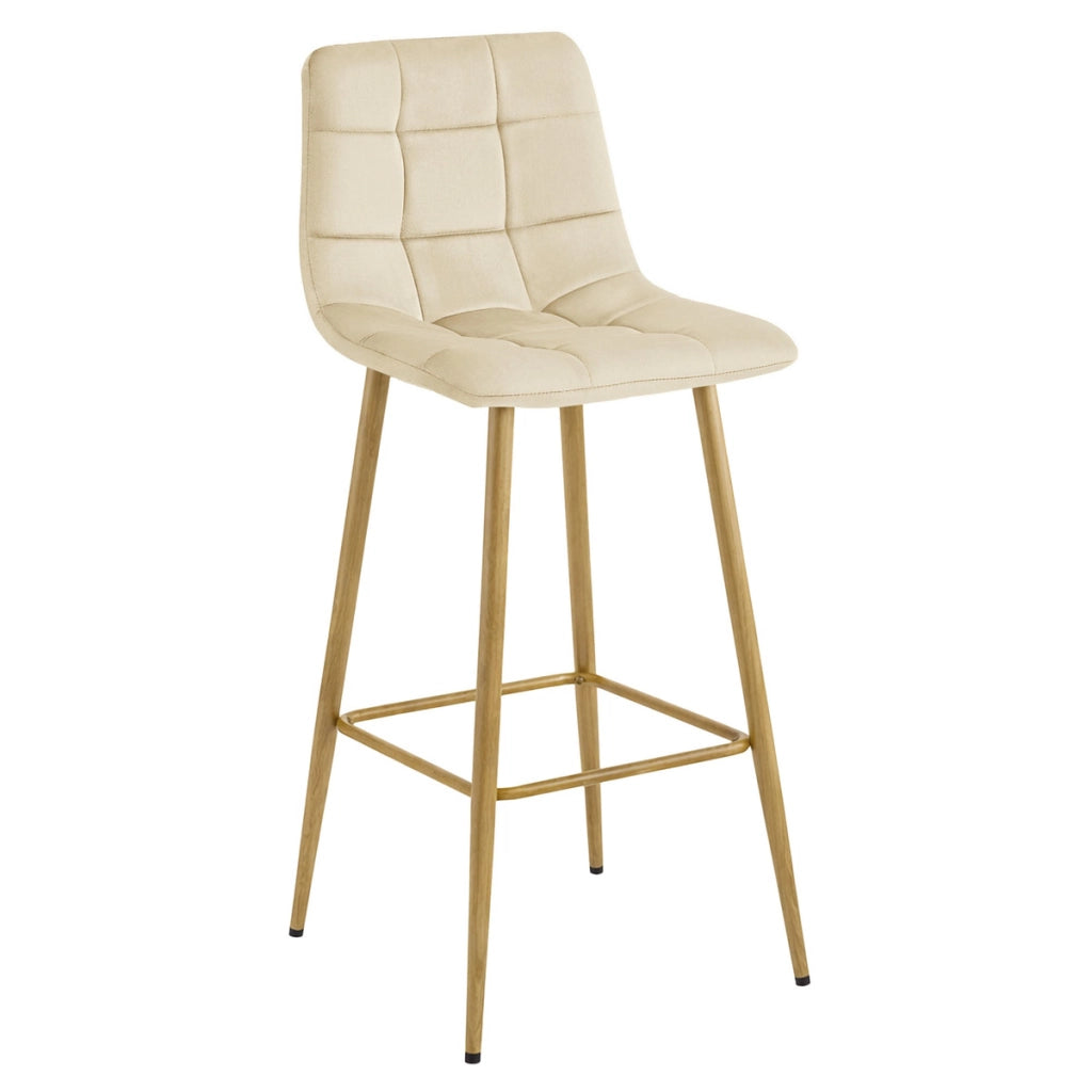 Sgabello Alto Arceto in Velluto Beige e Gambe Rovere