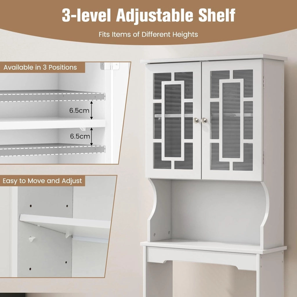 Mobile Lavatrice Salvaspazio 3 Livelli, Scaffale Portaoggetti con Ripiano e Ante in Vetro Temperato, Bianco, 170,5x60x21,5cm
