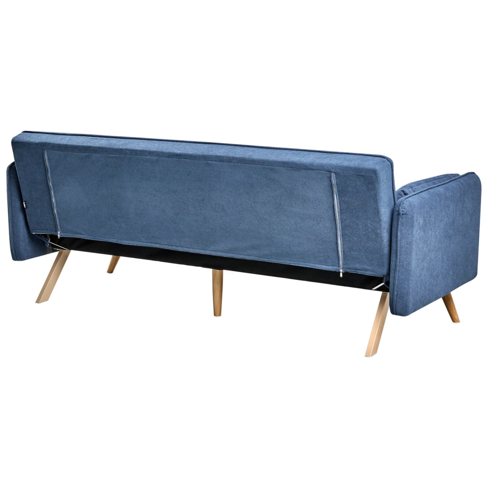 Divano letto tradizionale in tessuto blu a 3 posti con struttura in legno di pino braccioli gambe in metallo