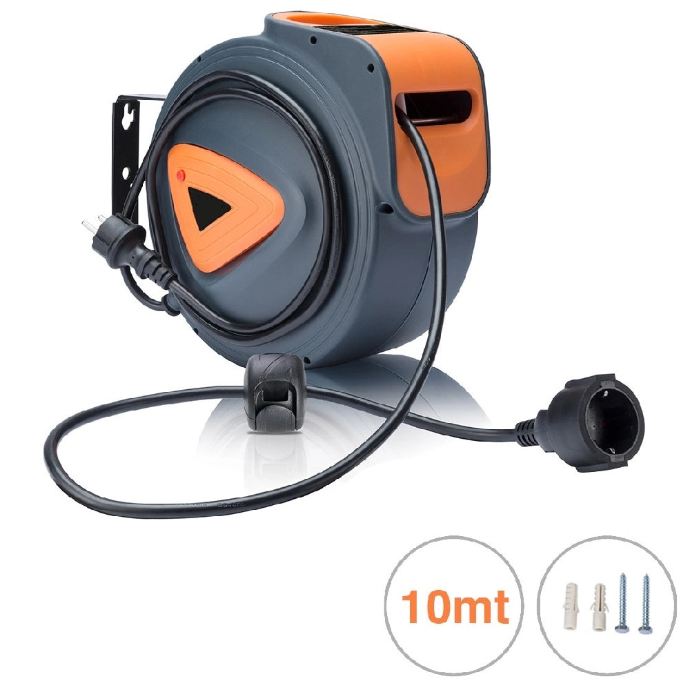 Prolunga Avvolgicavo Elettrico 10mt Presa Shucko Riavvolgimento automatico Freno