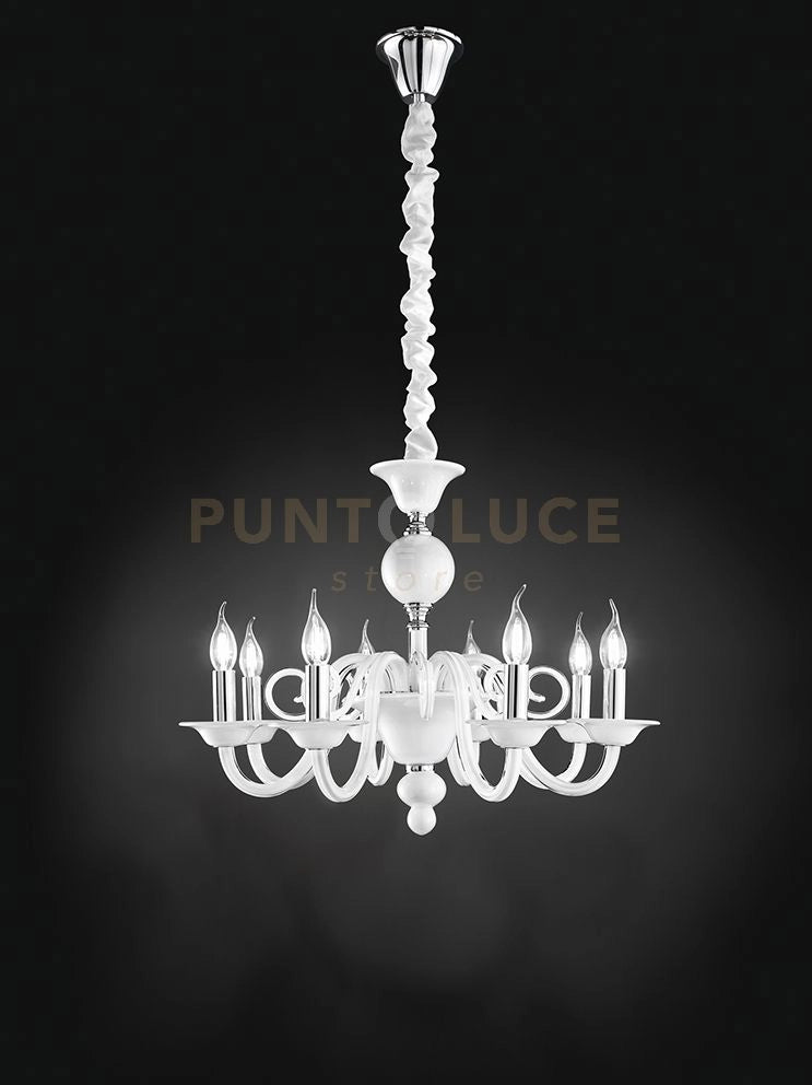 BOUGIE Sospensione 8 luci in metallo e vetro bianco soffiato attacco E14 d.85cm