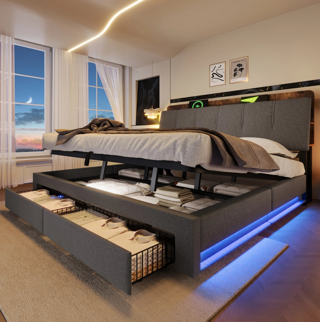 Letto imbottito 180x200 cm con contenitore idraulico, LED e USB-C