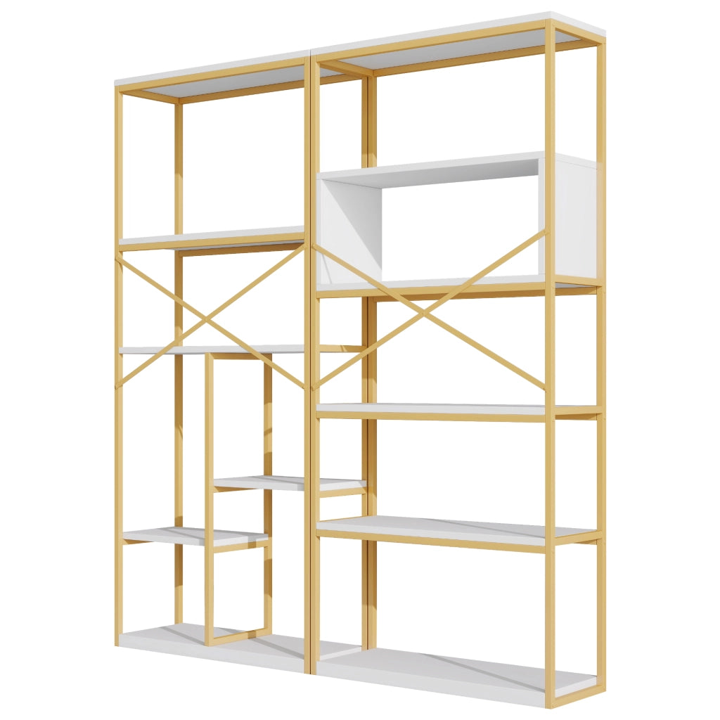 Scaffale Libreria in MDF e Metallo ¨C MINIMAL ¨C Design Moderno, Oro e Bianco, 160x29.5x180 cm