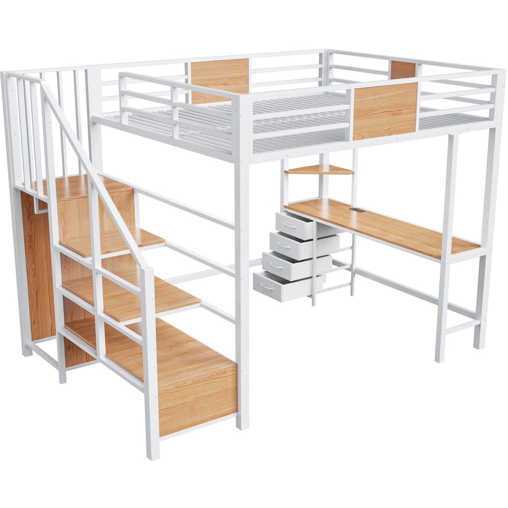 Letto a soppalco 140x200 con scrivania, ripiani, barra appendiabiti e LED