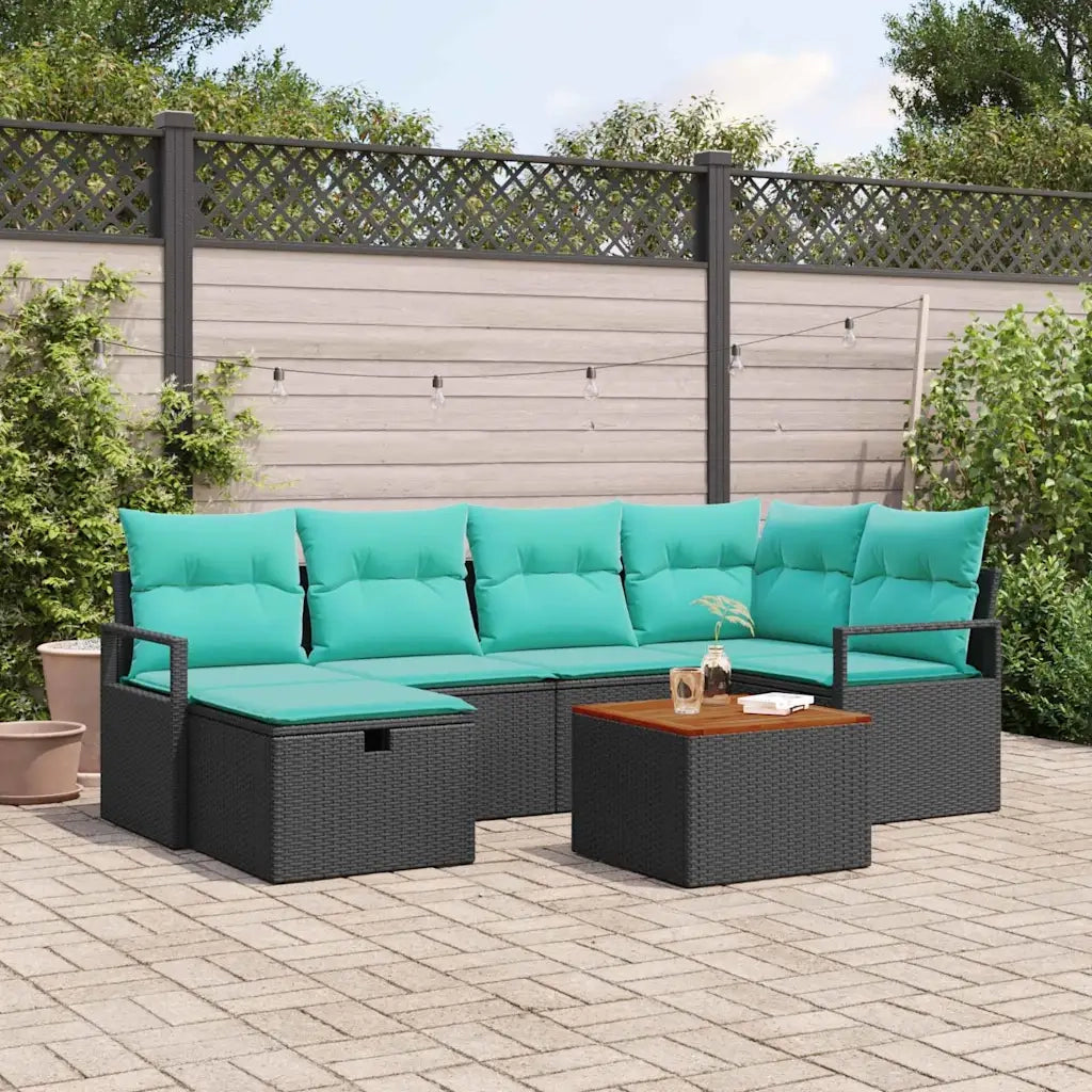 Set Divano da Giardino con cuscino 7 pcs Nero polyrattan