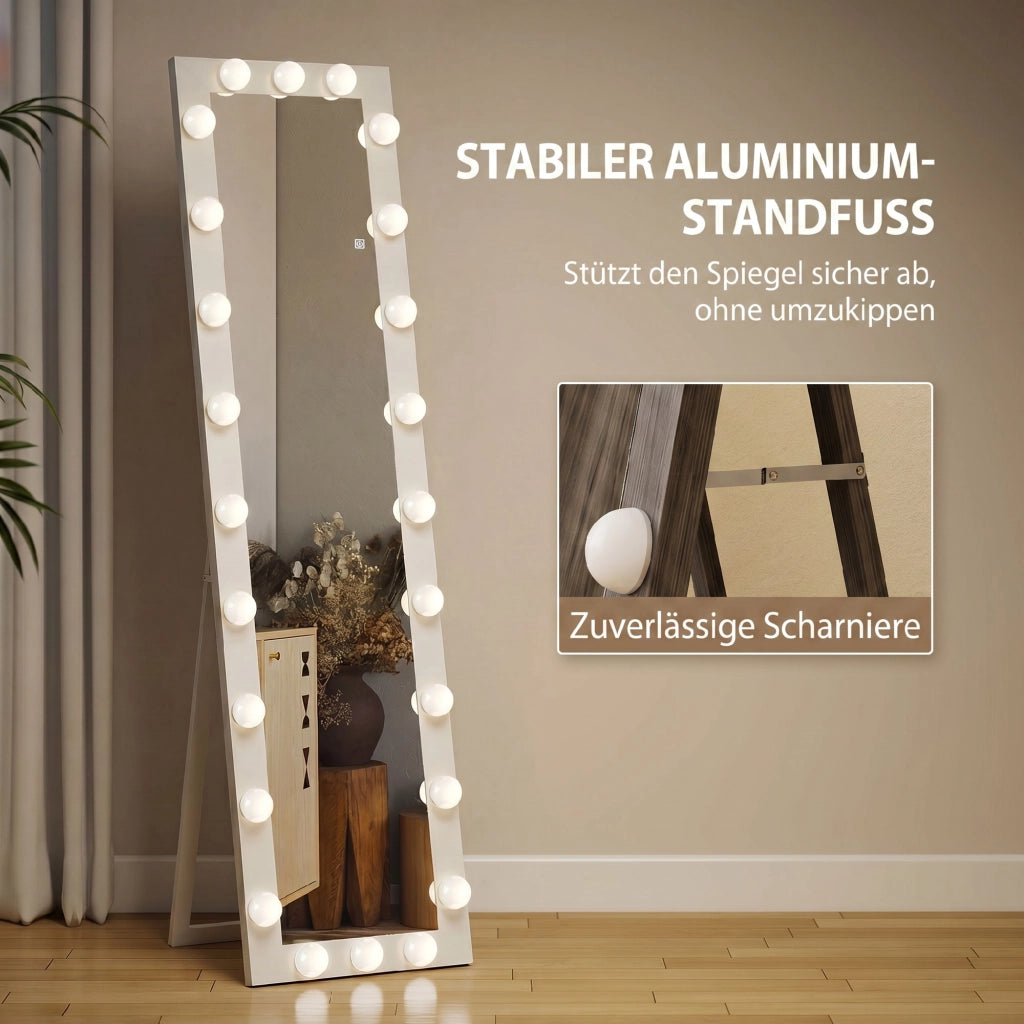 Specchio a figura intera LED 150x40 cm con 24 lampadine 3 modalita di luce da terra bianco