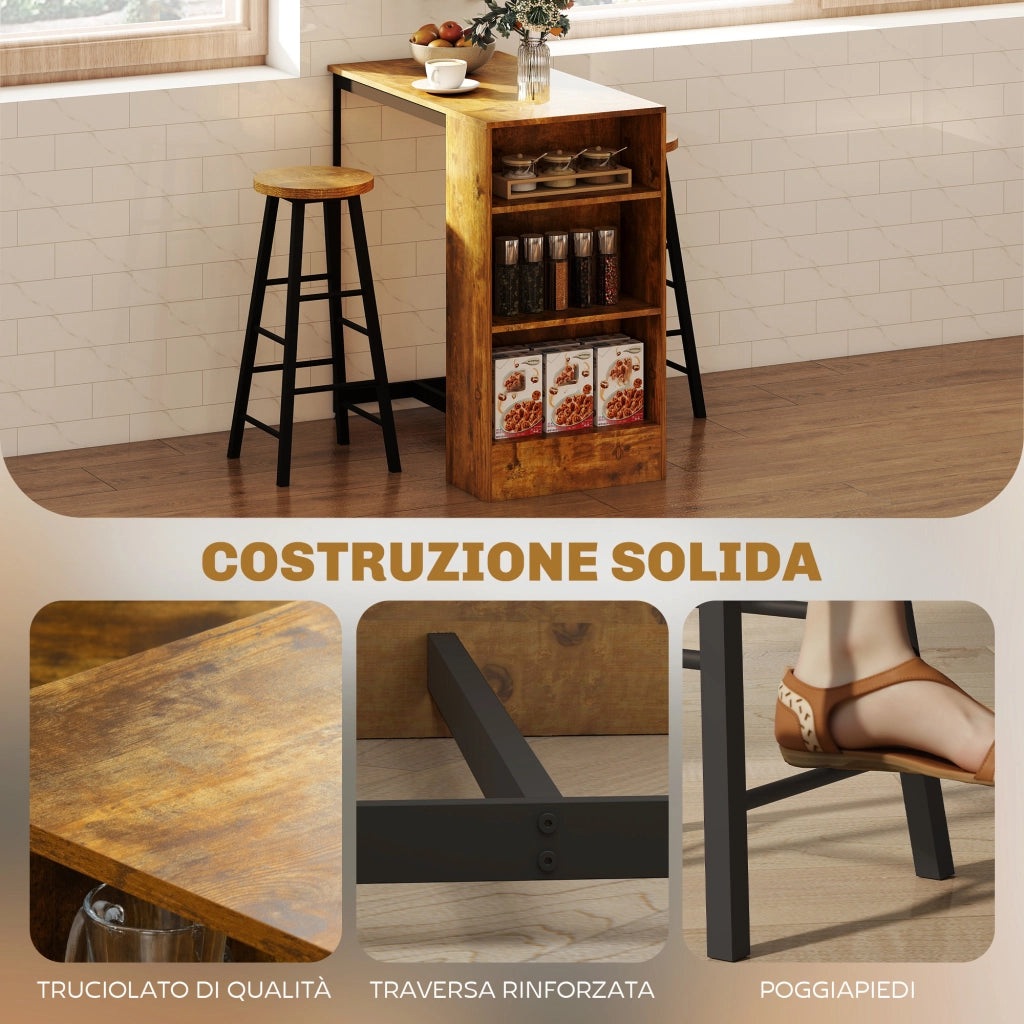 Set da Pranzo con Bancone Bar con 3 Ripiani e 2 Sgabelli Alti con Poggiapiedi Stile Industriale, Marrone