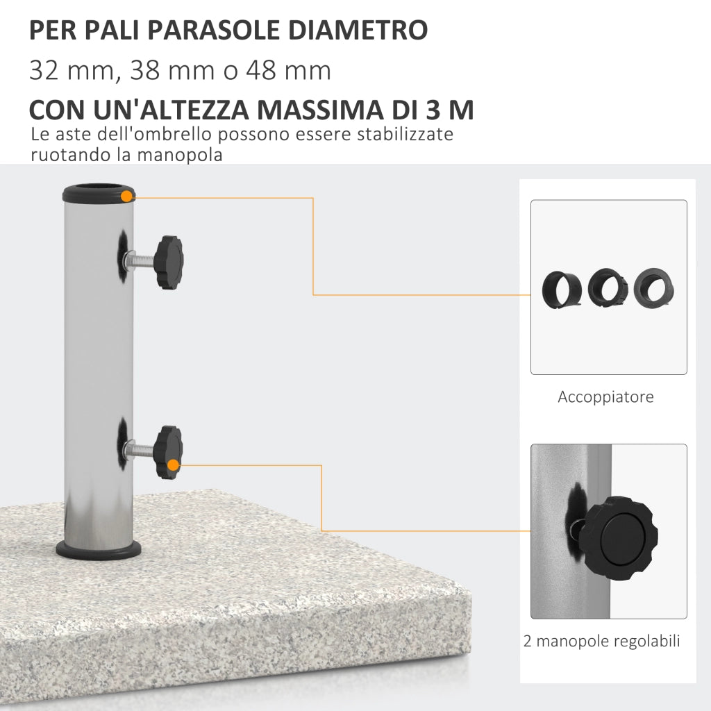Base per Ombrellone da Giardino 25kg per Pali da ?32mm, ?38mm e ?48mm, in Granito e Acciaio Inox, 38x38x38 cm, Grigia