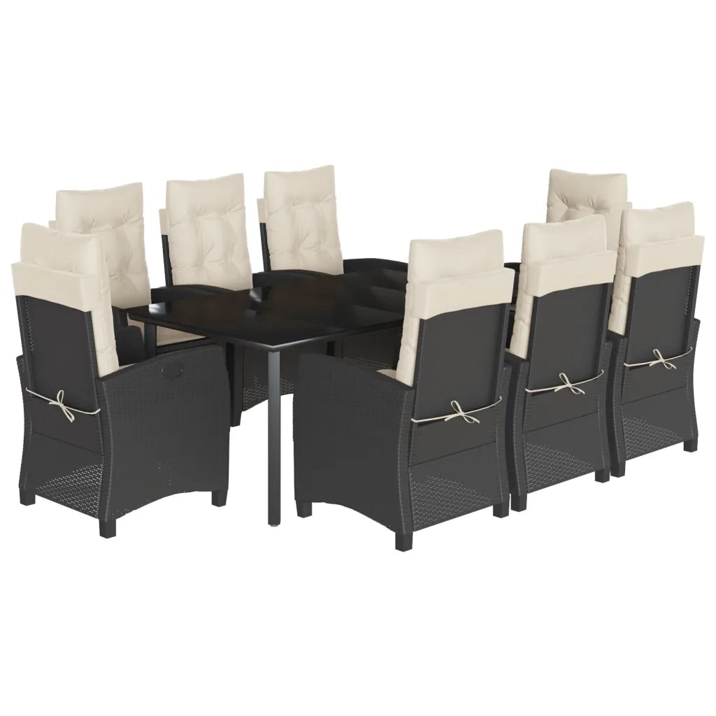 Set da Pranzo da Giardino 9 pz con Cuscini Nero in Polyrattan