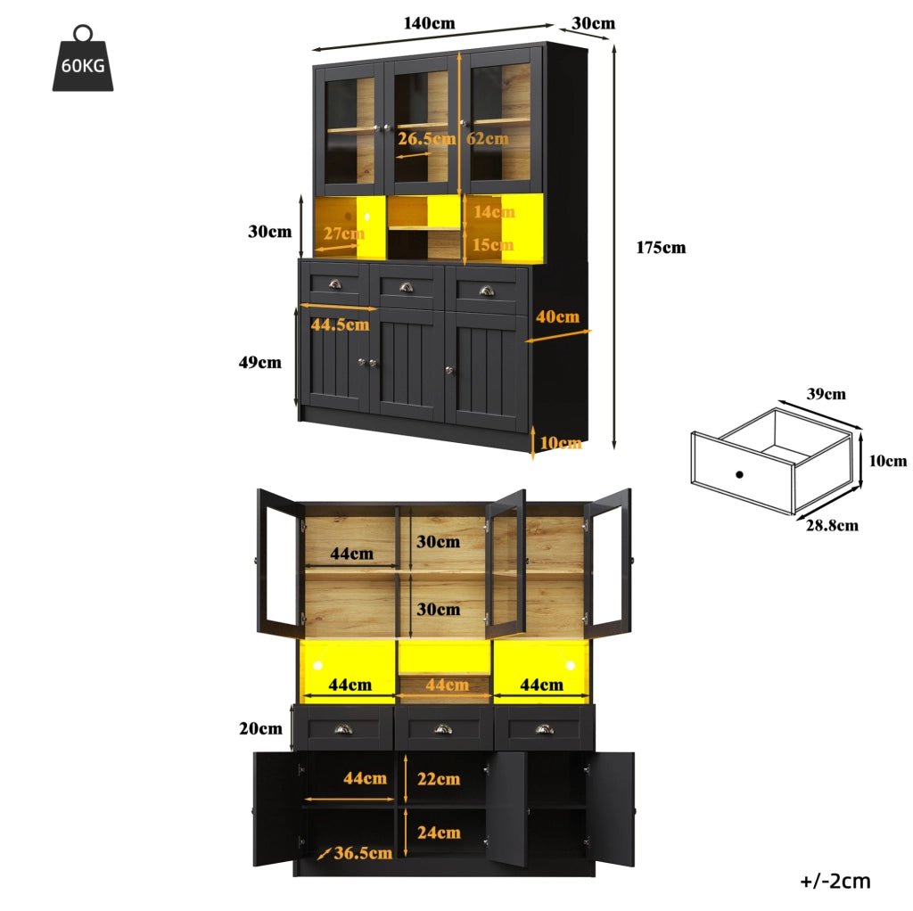 Credenza da cucina 140x40x175 cm in MDF nero con LED e ripiani regolabili