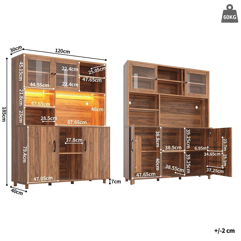 Credenza Alta Stile Retro 120x40x185cm - Xylo - Noce con Luci LED e Dispenser Snack
