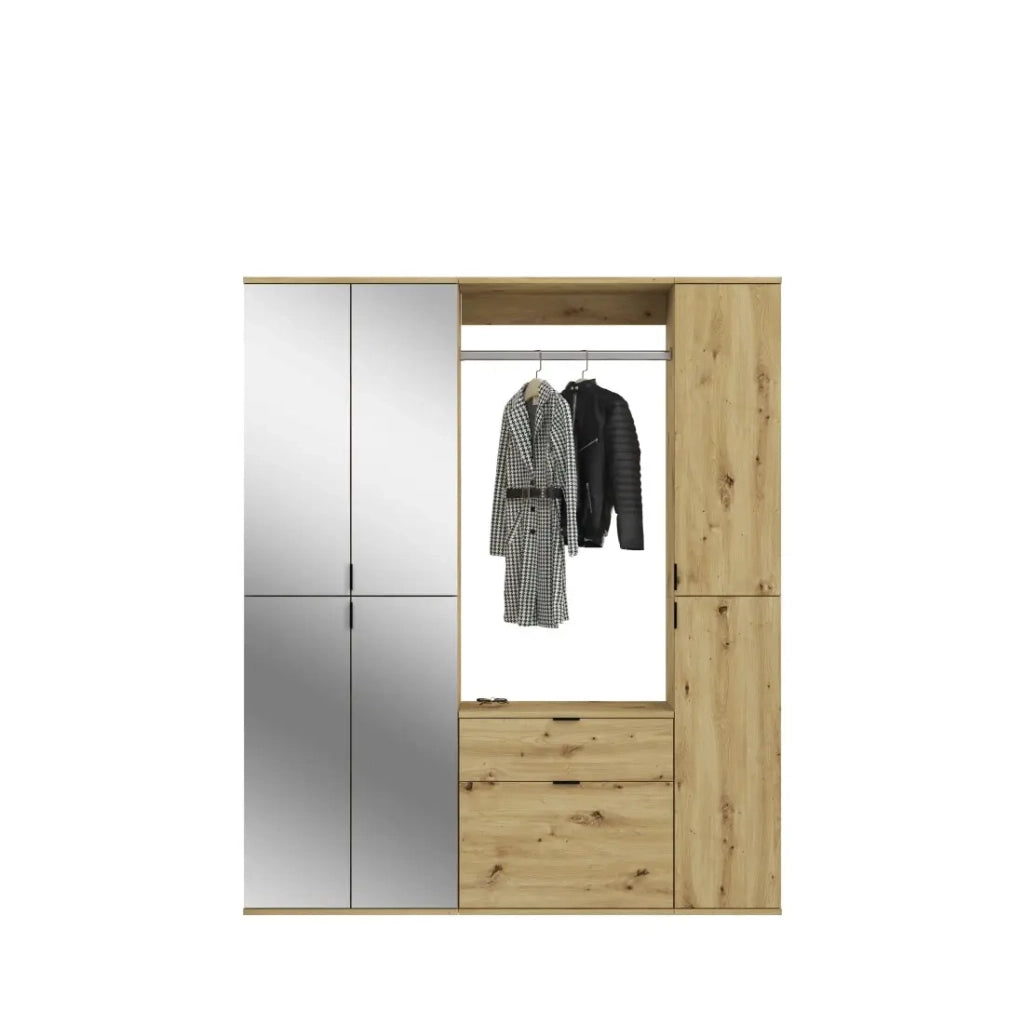 Armadio con 6 porte con specchi + appendiabiti e cassetti - Rovere chiaro - BODITE