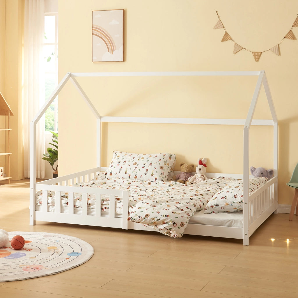 Letto Francese Hesel per Cameretta a Forma di Casetta 140 x 200 cm Bianco [en.casa]