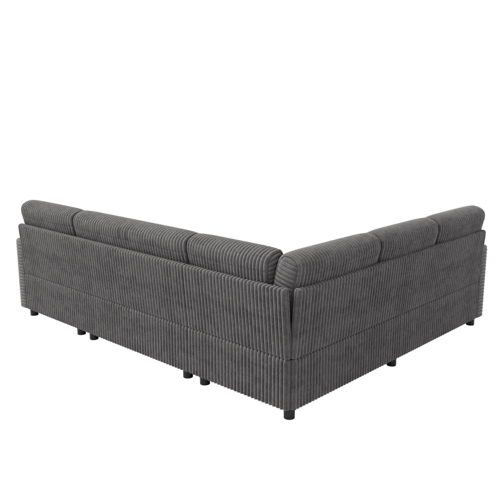 Divano letto angolare a U in velluto a coste grigio con contenitore