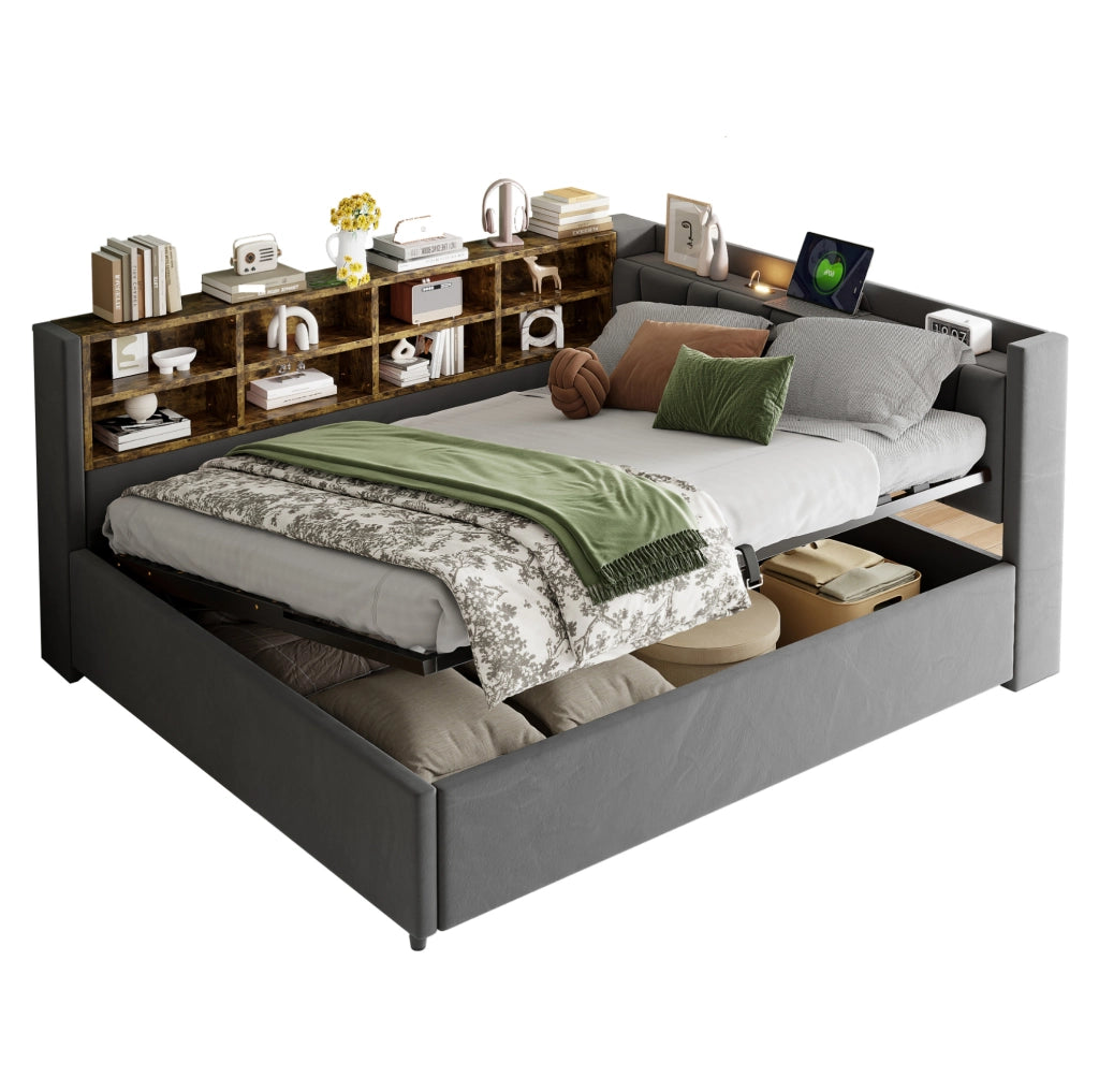 Letto contenitore 140x200 cm in velluto grigio scuro con luci, USB e vani