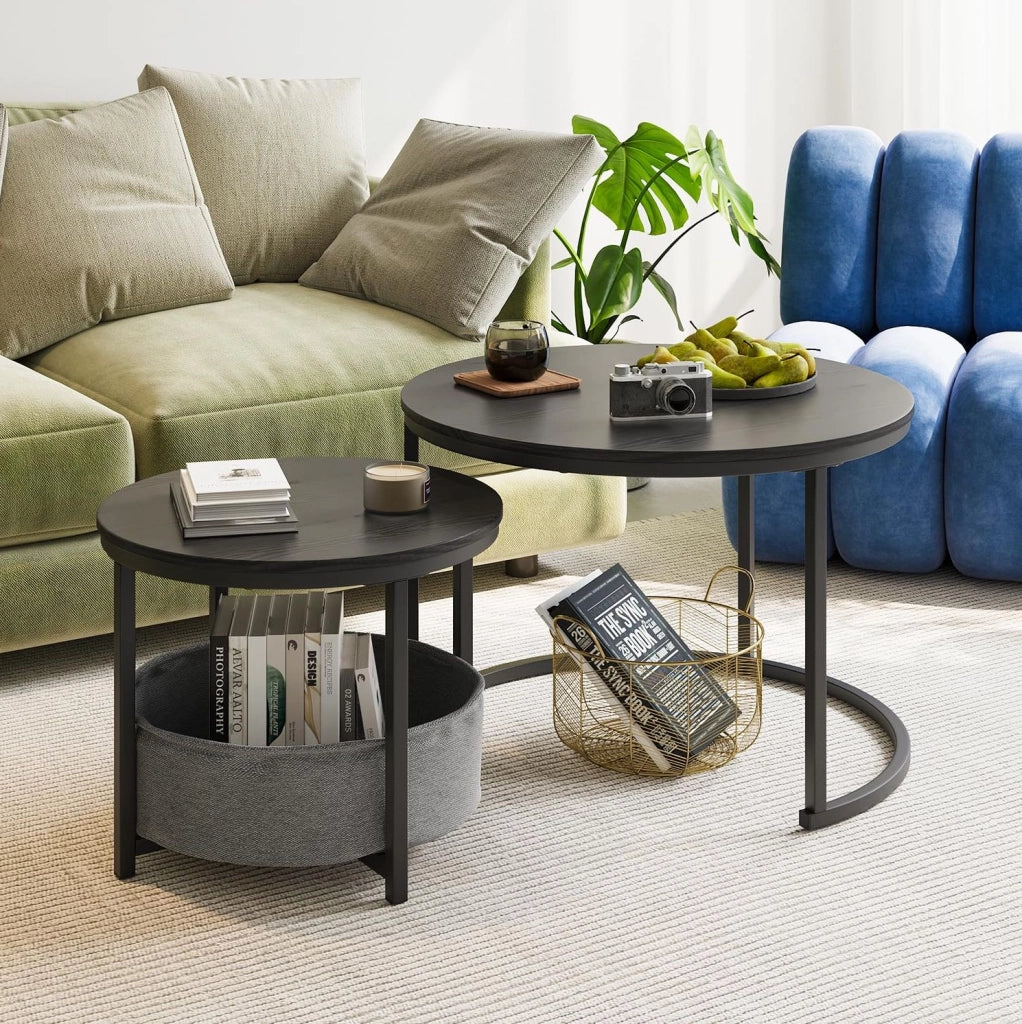 Set di tavolini rotondi 73.5x73.5x9 cm impilabili con tasca portaoggetti in metallo e legno nero antico