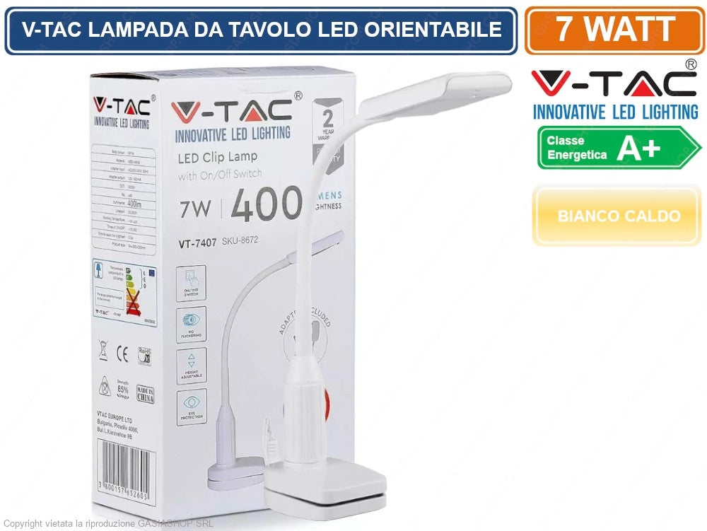 V-TAC VT-7407 LAMPADA LED DA TAVOLO 7W ORIENTABILE CON MORSA DI FISSAGGIO COLORE BIANCO - SKU 8672