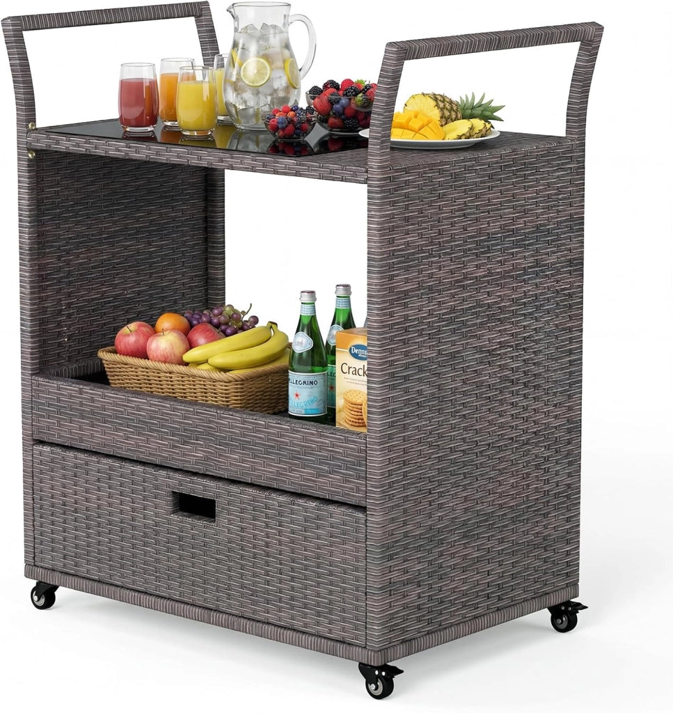 Carrello Bar in Rattan PE, Tavolo Bar da Esterno con Ruote, Ripiano Aperto, Cassetto e Piano in Vetro Temperato, Carrello di Servizio con Maniglie per Giardino, Cortile, Piscina, 85 X 47 X 92 CM