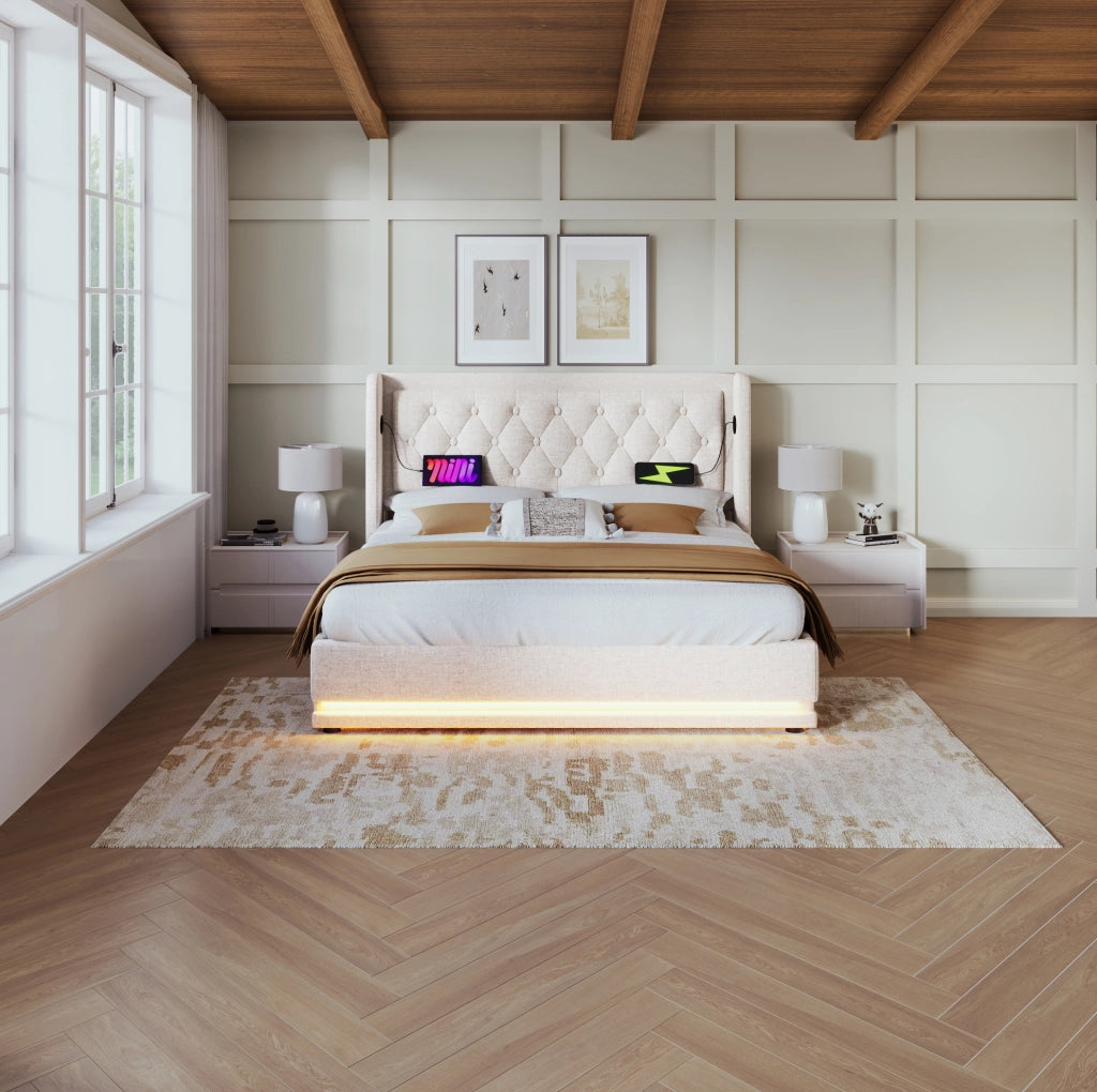 Letto matrimoniale 180x200 cm con contenitore; LED e USB-C; cotone beige