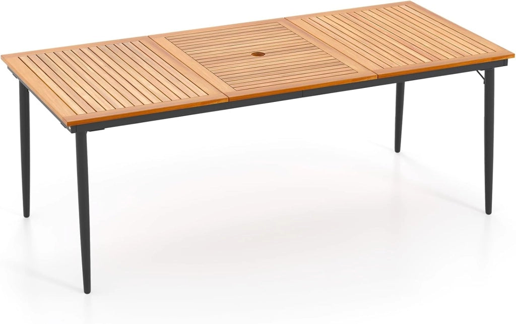 Tavolo da Giardino in Legno di Acacia, Tavolo da Esterno per 8 Persone, Tavolo Rettangolare da Birra con Foro per Ombrellone, 200x90x75 cm