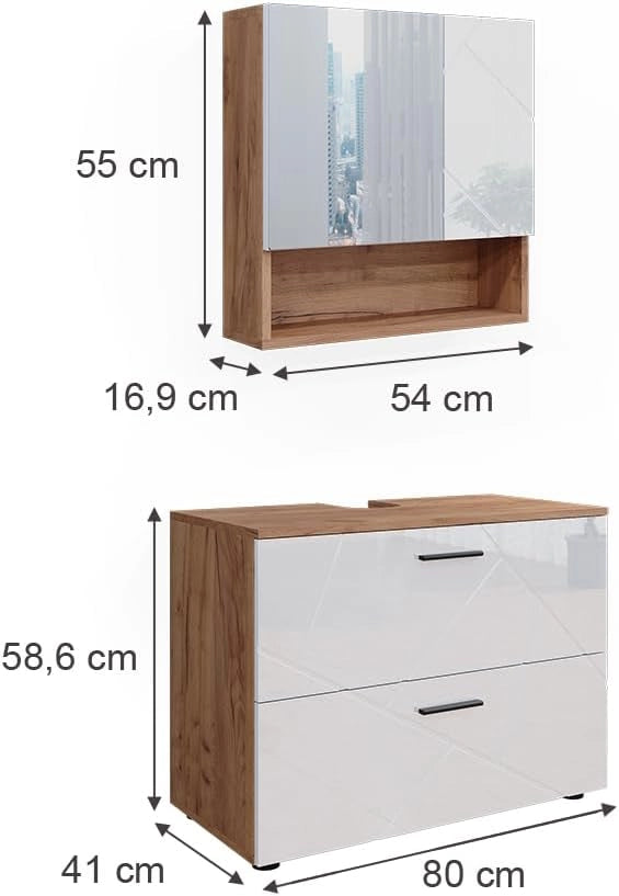 Set di mobili da bagno Irma, Bianco lucido/oro power oak, 80 cm, composto da specchio da bagno e mobile sottolavabo