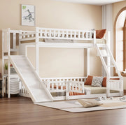 Letto a castello ULEVR 140x200 cm con scivolo, scaletta, sponde e ripiani, pino e MDF bianco