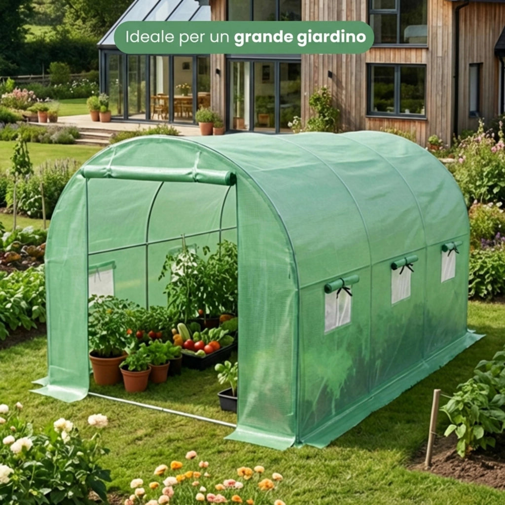 Serra da giardino a tunnel con struttura in metallo e telo in PE 1 porta 6 finestre Verde 200x300x200 cm
