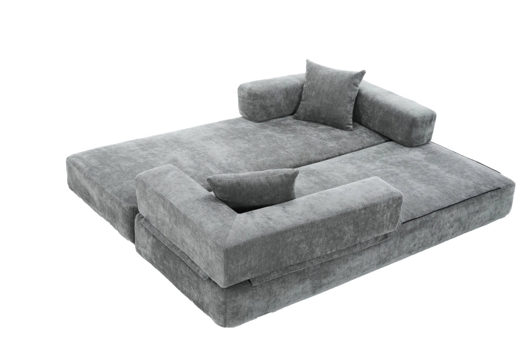 Divano modulare in chenille grigio scuro; con tasche laterali; base antiscivolo; 198x79x60 cm
