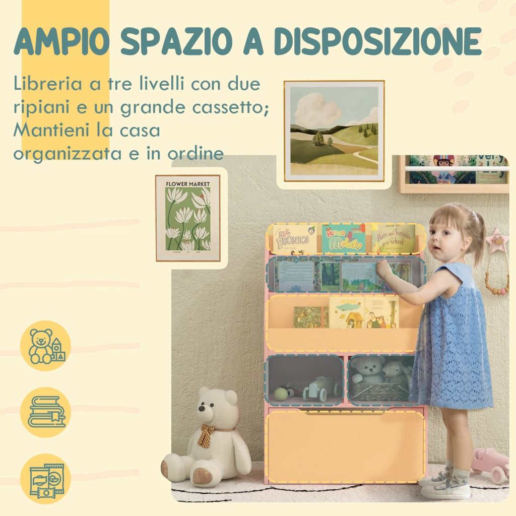 Libreria per Bambini con Cassetto ¨C zephmum ¨C Rosa, MDF, 60x30x90