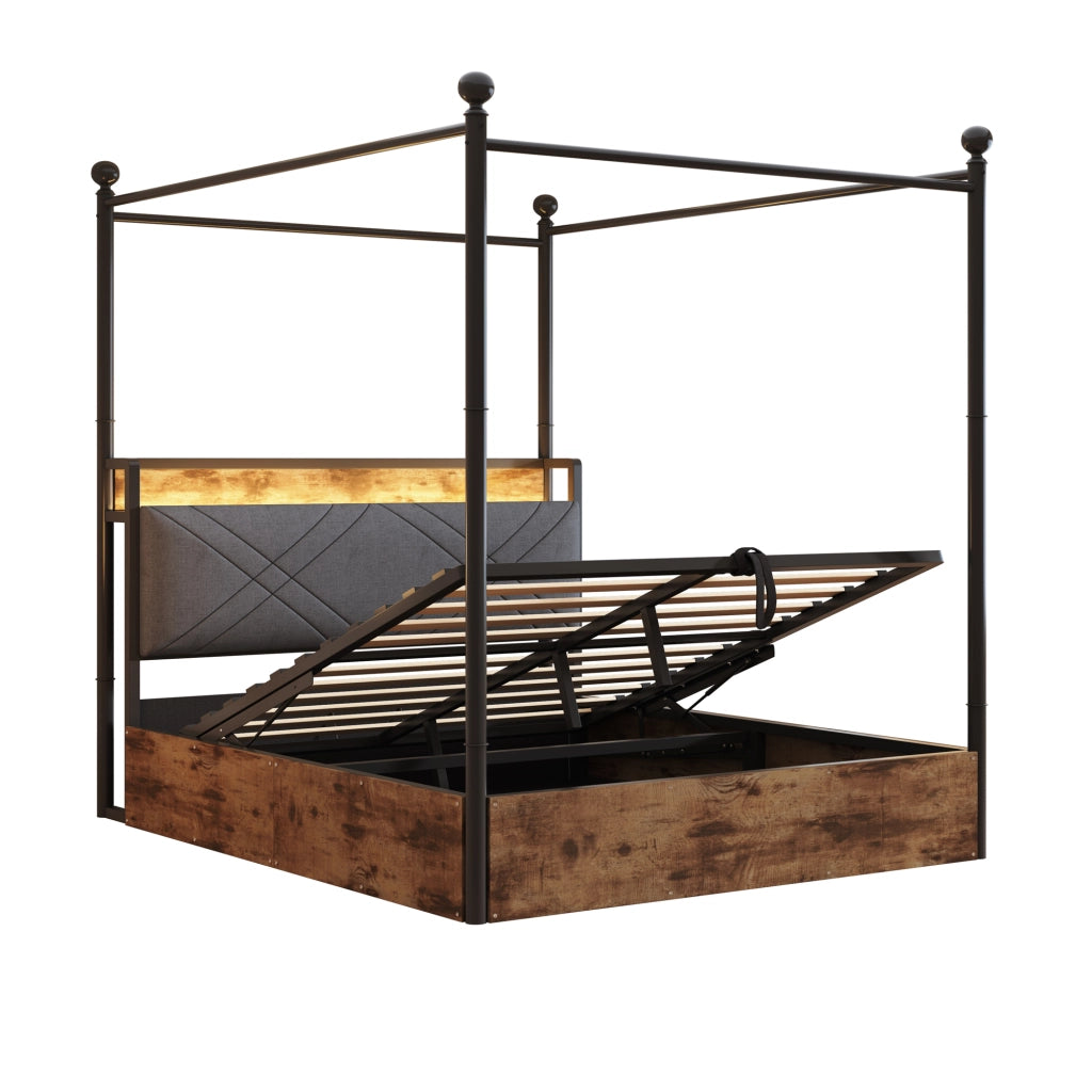 Letto matrimoniale multifunzionale 140x190 cm in metallo nero con baldacchino rimovibile, LED smart, USB/Type-C e contenitore idraulico