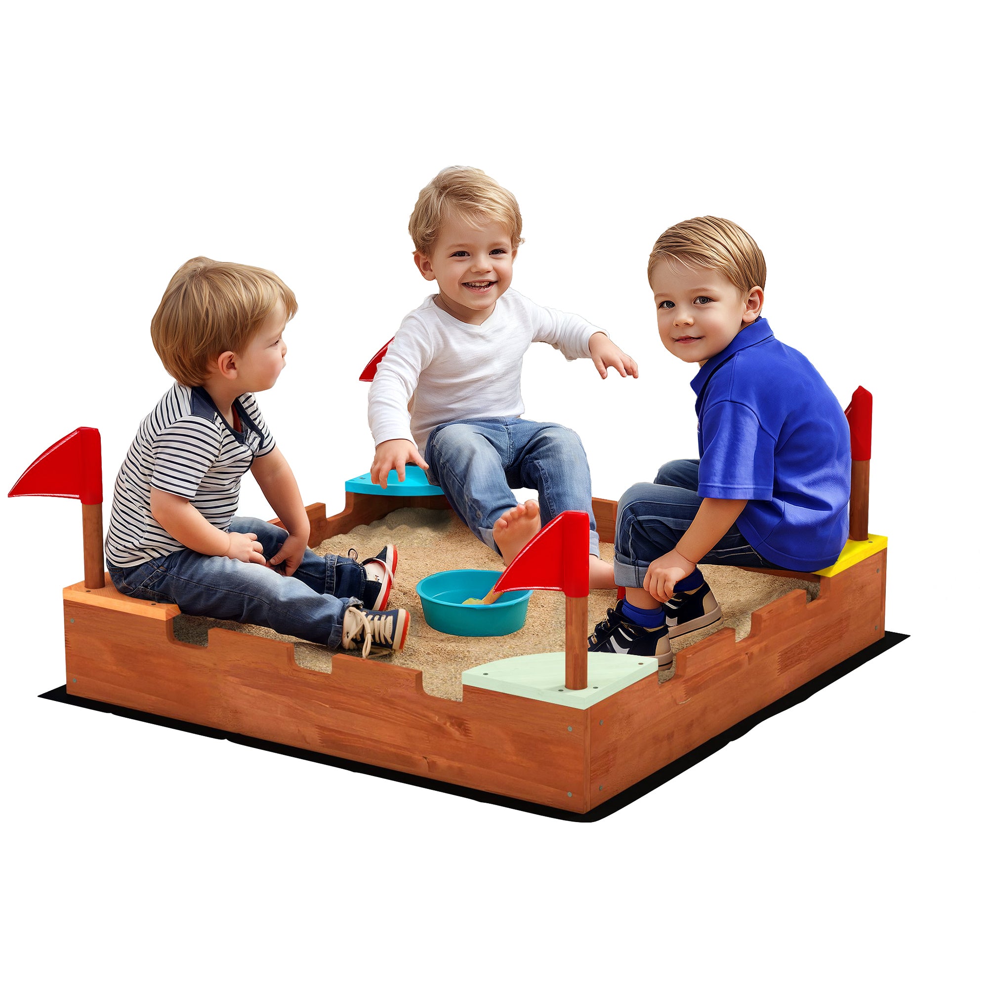 Sabbiera per Bambini 90x90x17 cm con 4 Sedute Angolari in Legno di Abete Multicolore